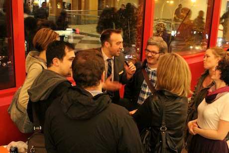 Matt, Brett, and friends talking after the movie.