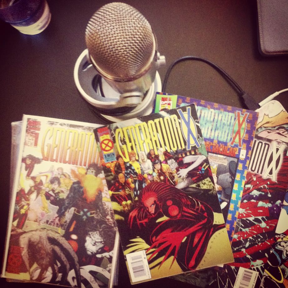 microphone and comic book covers