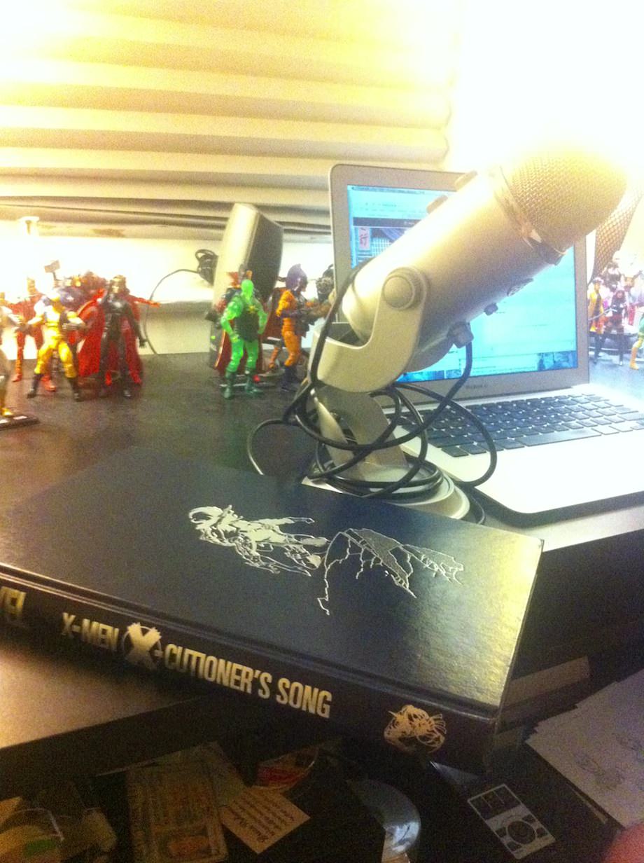 Desk with microphone and copy of X-Cutioner's Song